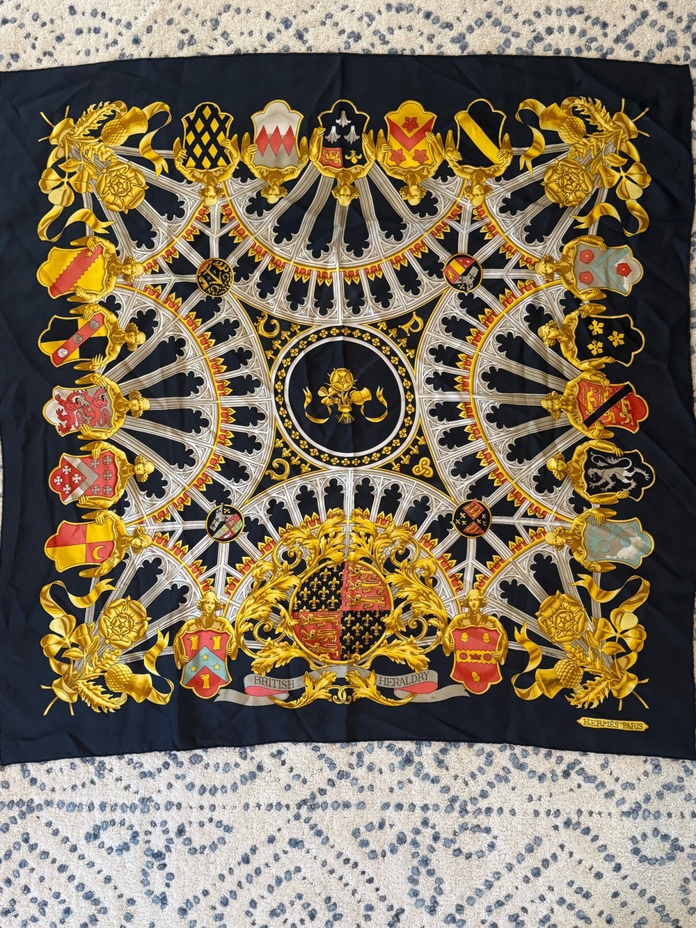 Hermès Silk Scarf
Black
90cm with British Heraldry Motif